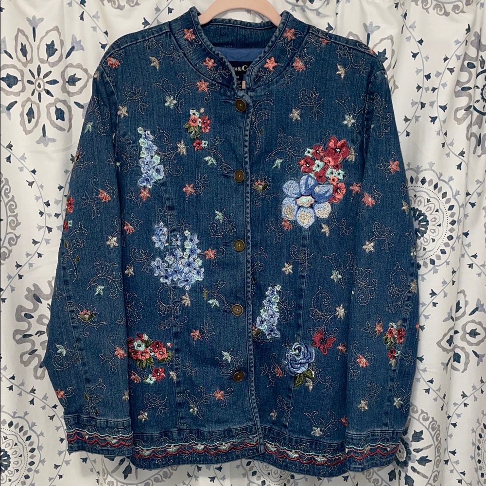 Denim & Co. Embroidered Denim Jacket - Size Large